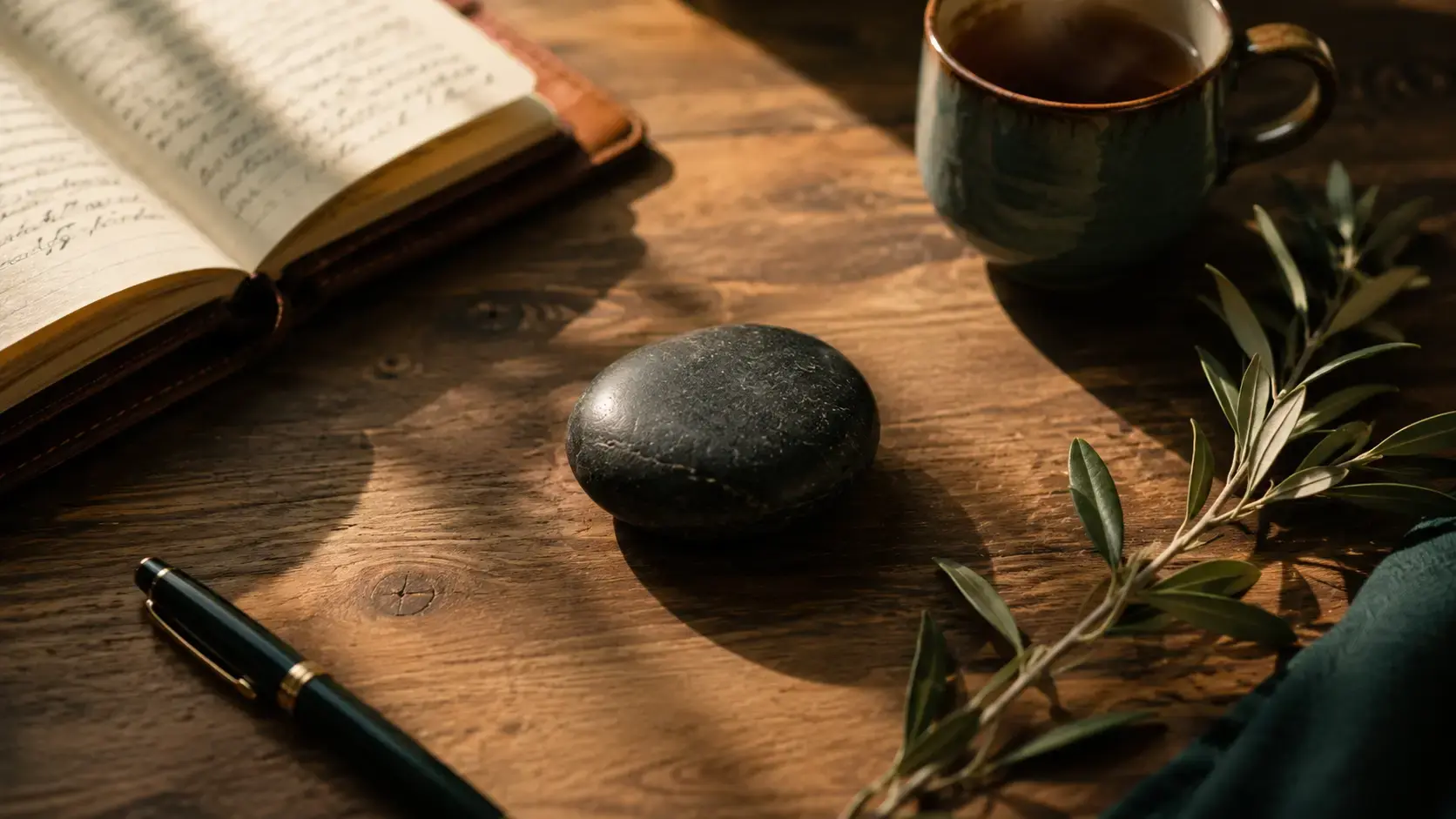 A small smooth river stone resting at the center of a softly lit desk, surrounded by an open notebook, a ceramic mug of tea, and a single sprig of olive branch laid alongside, illustrating the grounded balance and steady presence at the heart of Acceptance and Commitment Therapy