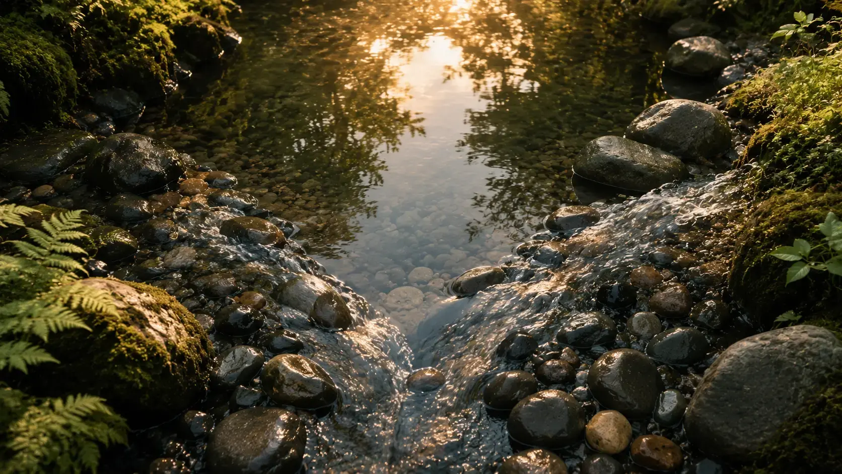 Two distinct streams of water converging in a small pool surrounded by smooth river stones and soft green moss, illustrating the integration of two complementary therapeutic modalities rather than a choice between them