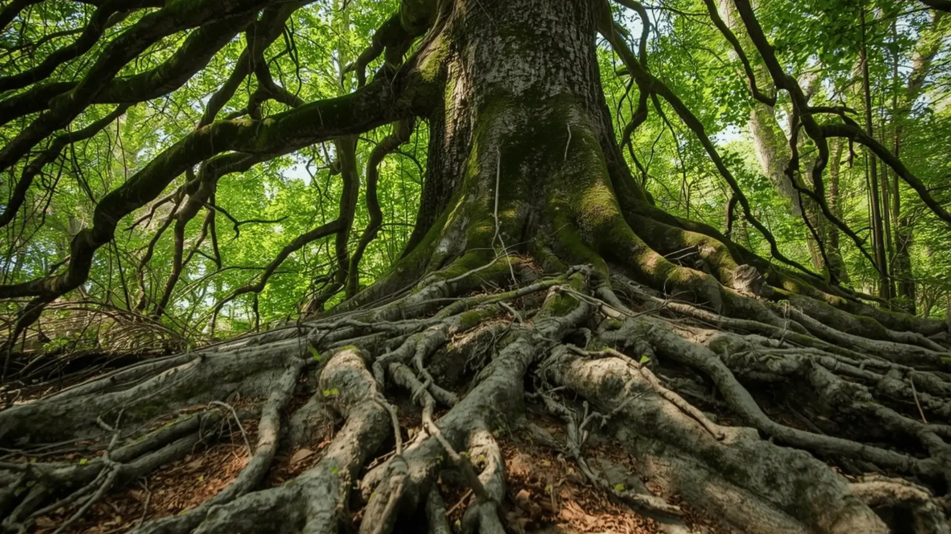 Ancient tree with sprawling exposed roots and wide-reaching branches in a lush green forest, viewed from the base looking upward Trauma Therapist Institute