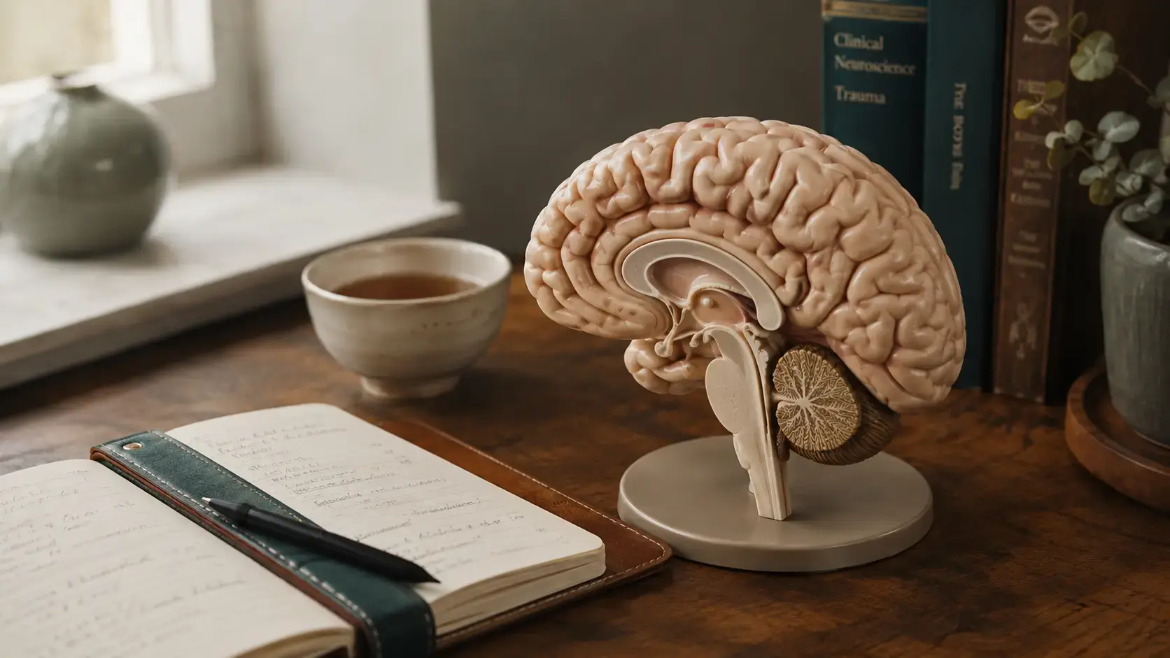 Anatomical brain model on a warm wooden desk beside a clinician's notebook, representing the neuroscience of trauma.