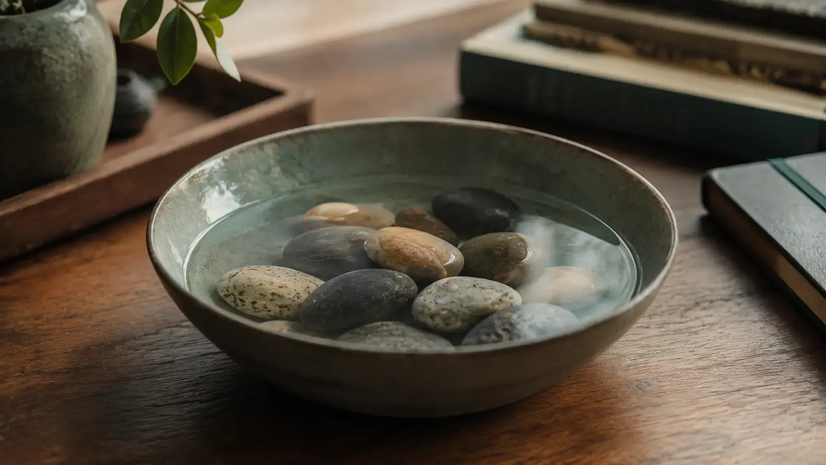 River-smoothed stones and a shallow pool of water on a therapist's desk, representing gradual neural reorganization.