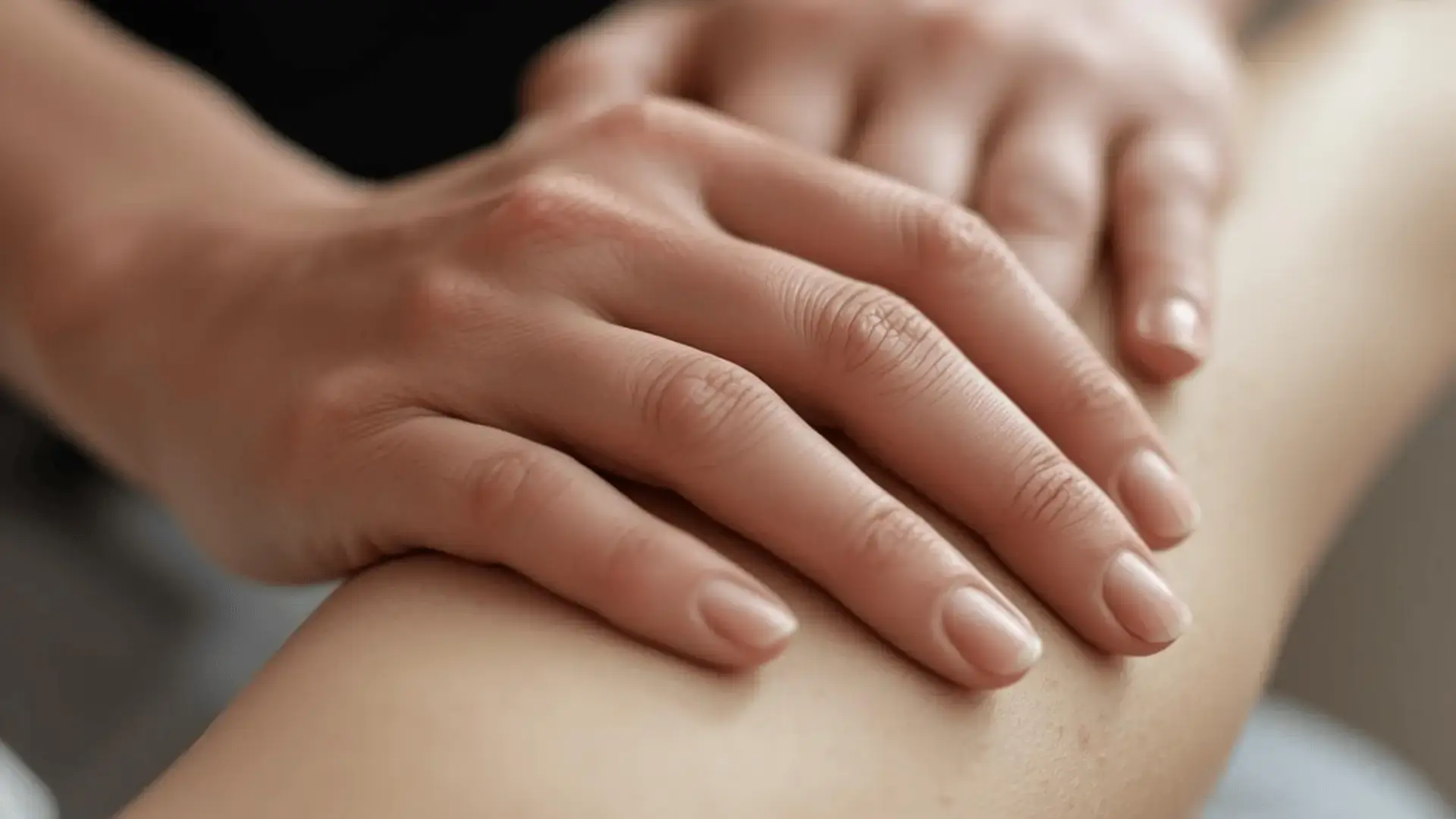 Close-up of a therapist's hands gently resting on a client's forearm in a somatic therapy setting