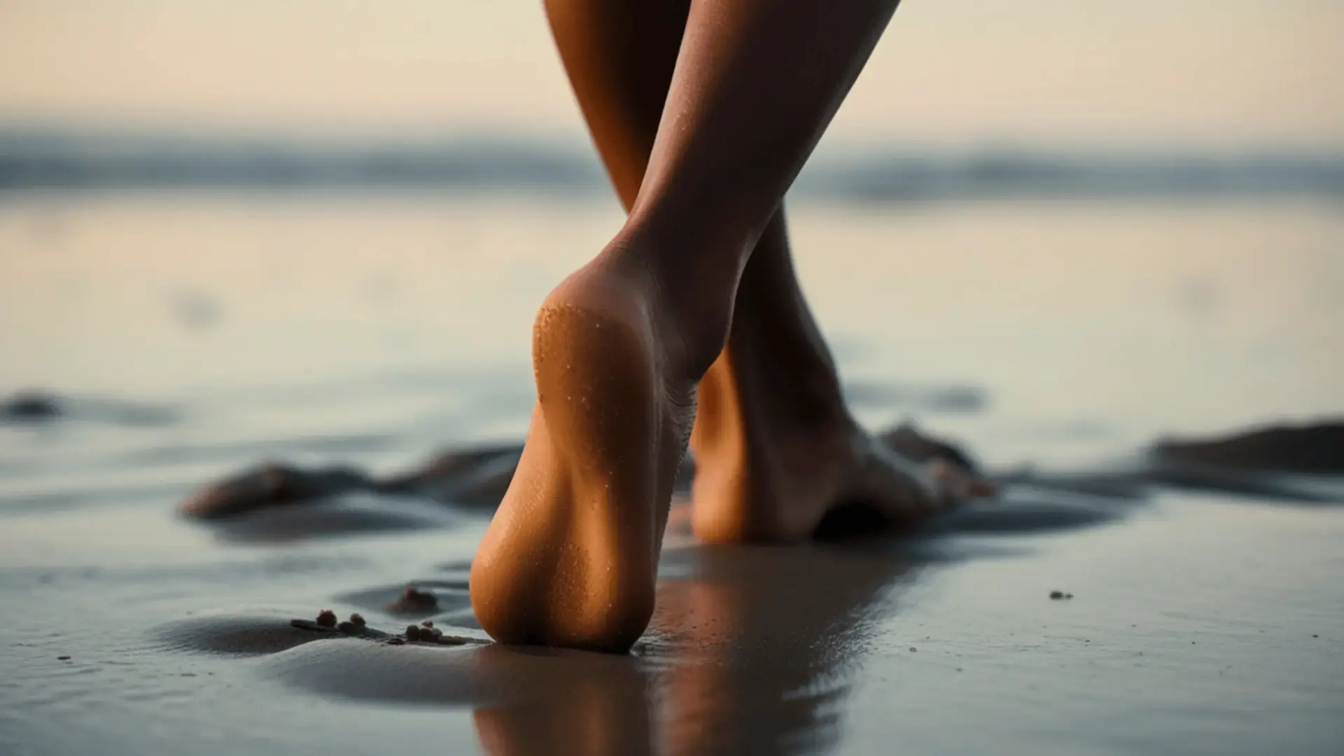 Close-up of bare feet walking on wet sand at the water's edge during sunset Trauma Therapist Institute