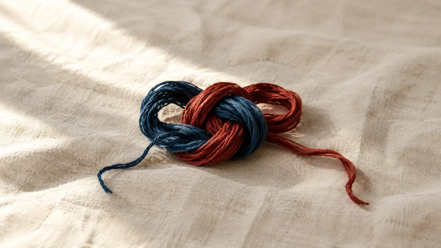 Blue and red threads tangled into one knot on linen, representing the mixed strategies of disorganized attachment in adults.