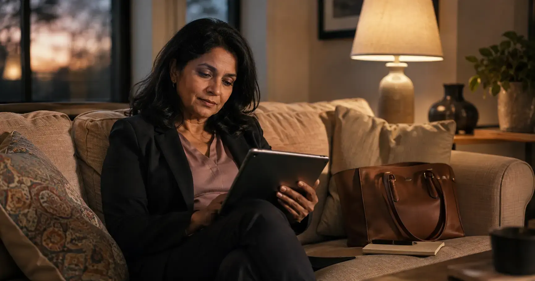 South Asian female clinician in her fifties on a couch reviewing continuing education options on a tablet at the end of a workday