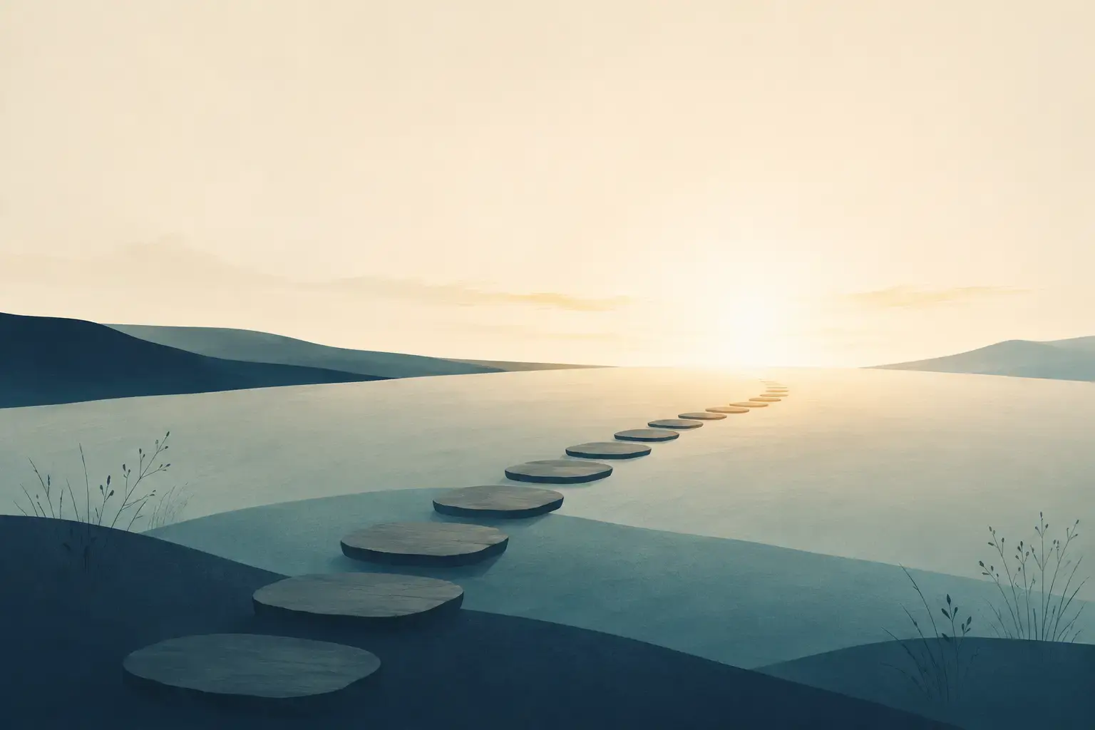 A single path of stepping stones curving upward through open ground toward the horizon, representing the staged progression from EMDR trained to EMDR expert