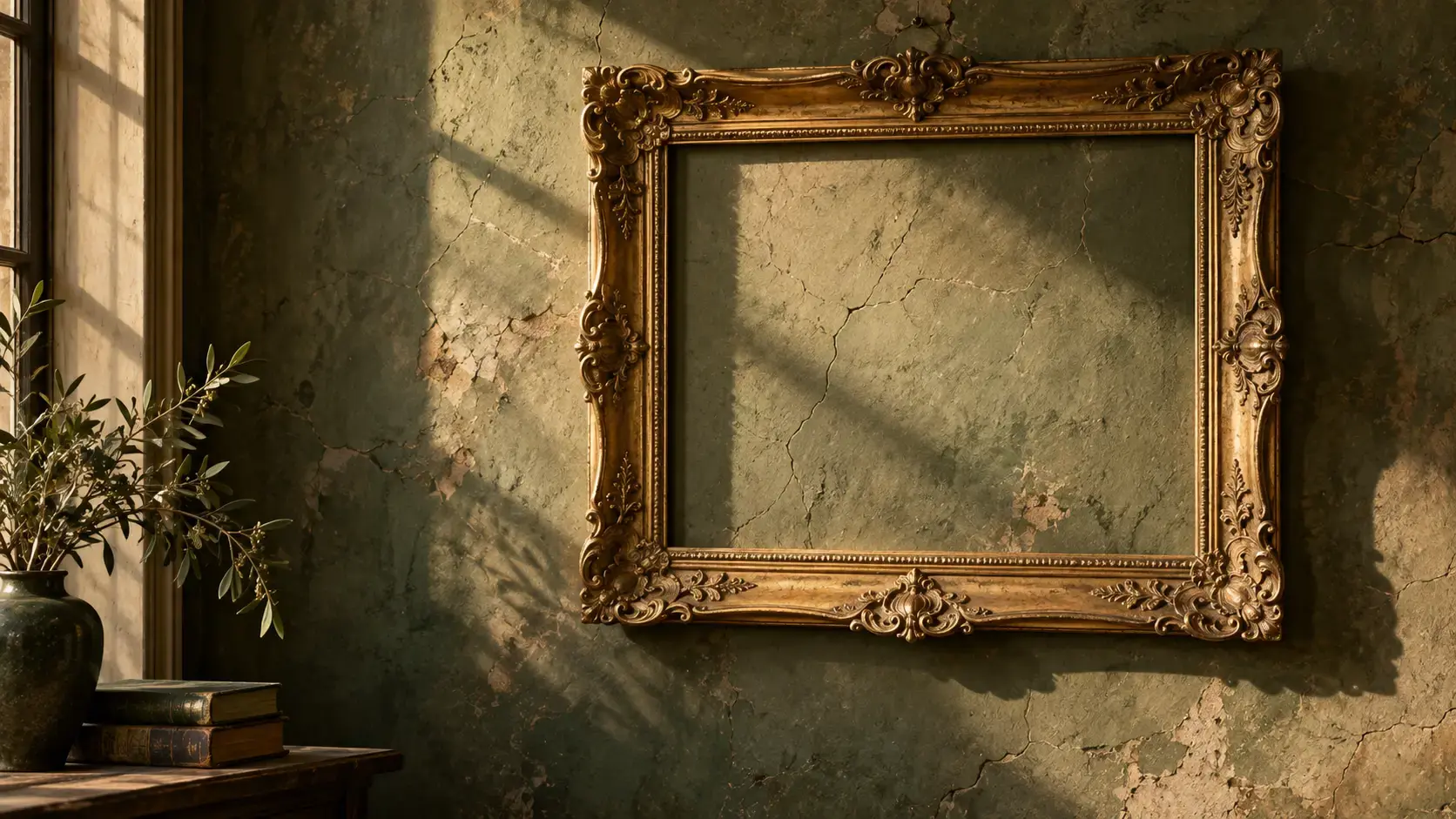 Empty gilded picture frame on a cracked plaster wall, representing idealization and narcissistic traits as protective trauma defenses