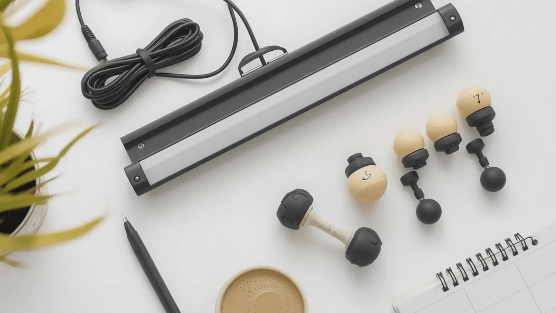 Flat-lay of EMDR bilateral stimulation tools on a white desk, including a light bar, tactile tappers, a pen, notebook, coffee cup, and a small plant Trauma Therapist Institute