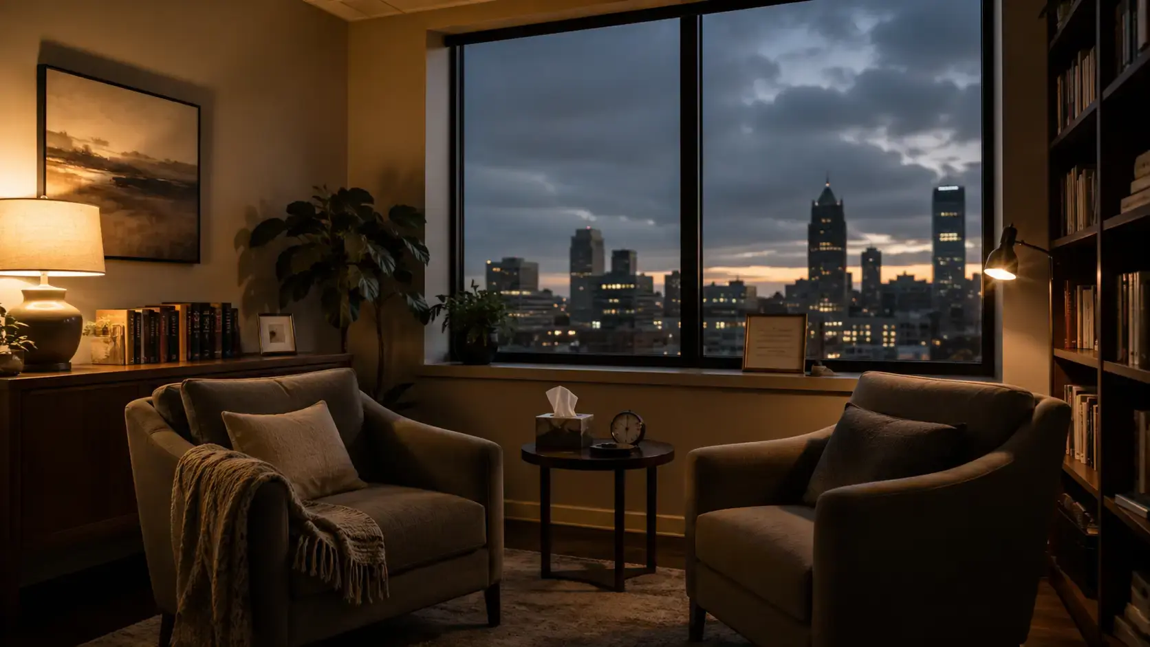 Two empty therapy chairs in a warmly lit office at dusk with a window showing the city outside, illustrating the weight therapists hold in a difficult era