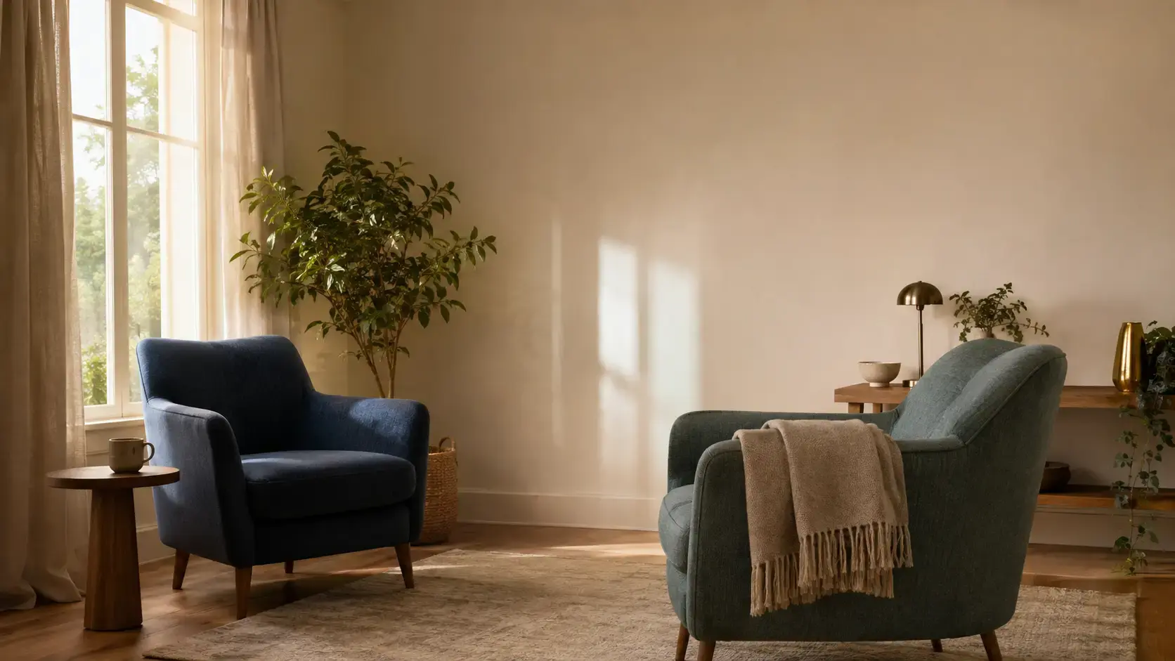 Two empty armchairs angled toward each other beside a sunlit window in a calm therapy room, suggesting a safe space for difficult clinical conversations