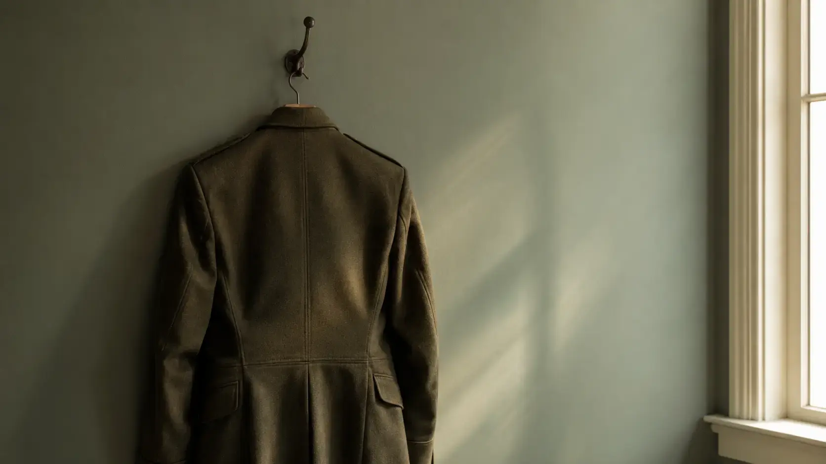 A military uniform jacket hanging alone against a muted wall, representing the unseen weight of racial trauma carried inside military service