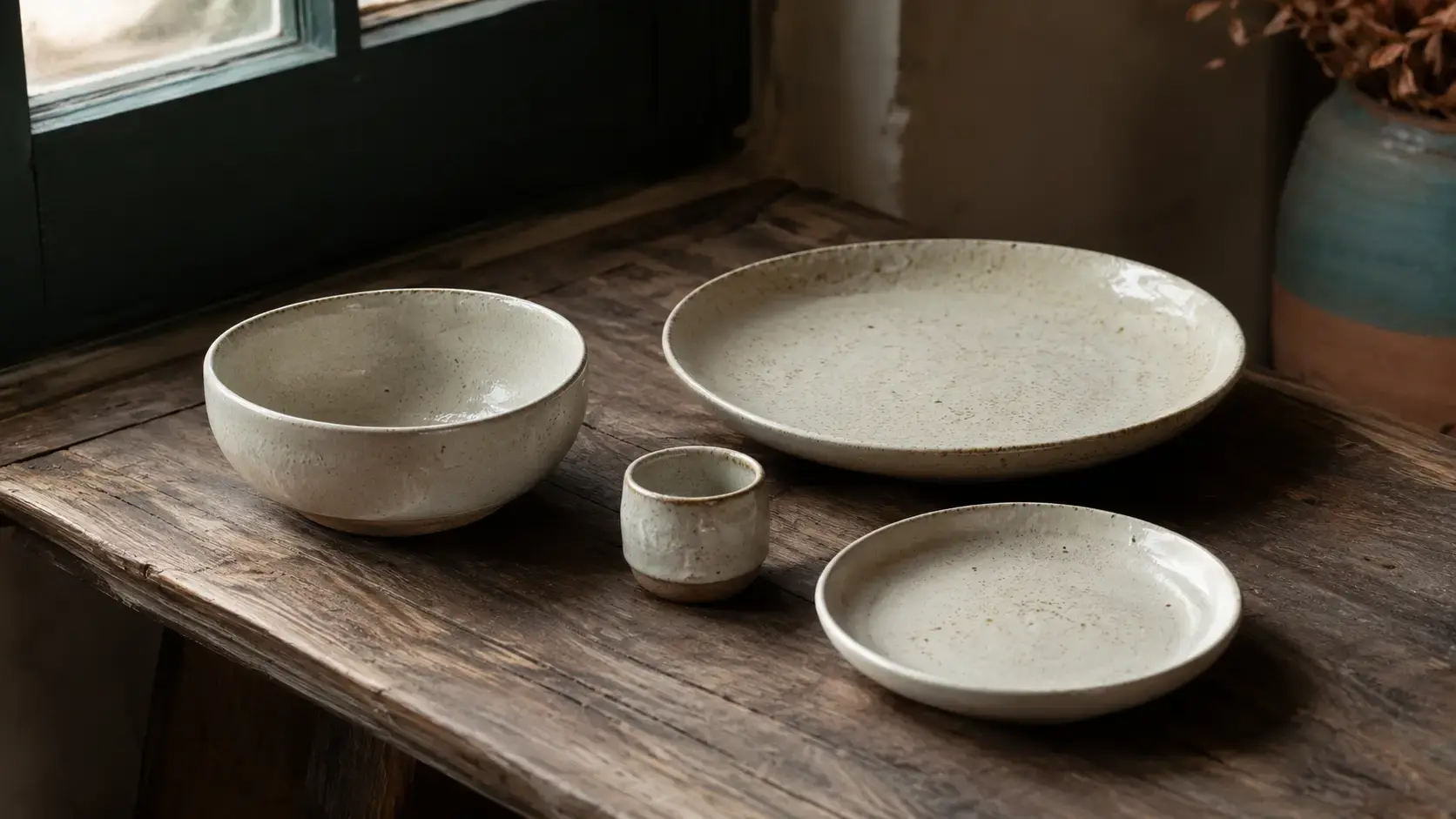 Four ceramic dishes of varying sizes arranged in a careful, deliberate pattern on a wooden table near a window, with the smallest dish at the center and the others arranged around it as if balanced into a configuration that requires the surrounding objects to hold the central one in place, evoking the way family systems can quietly reorganize around a member's OCD.