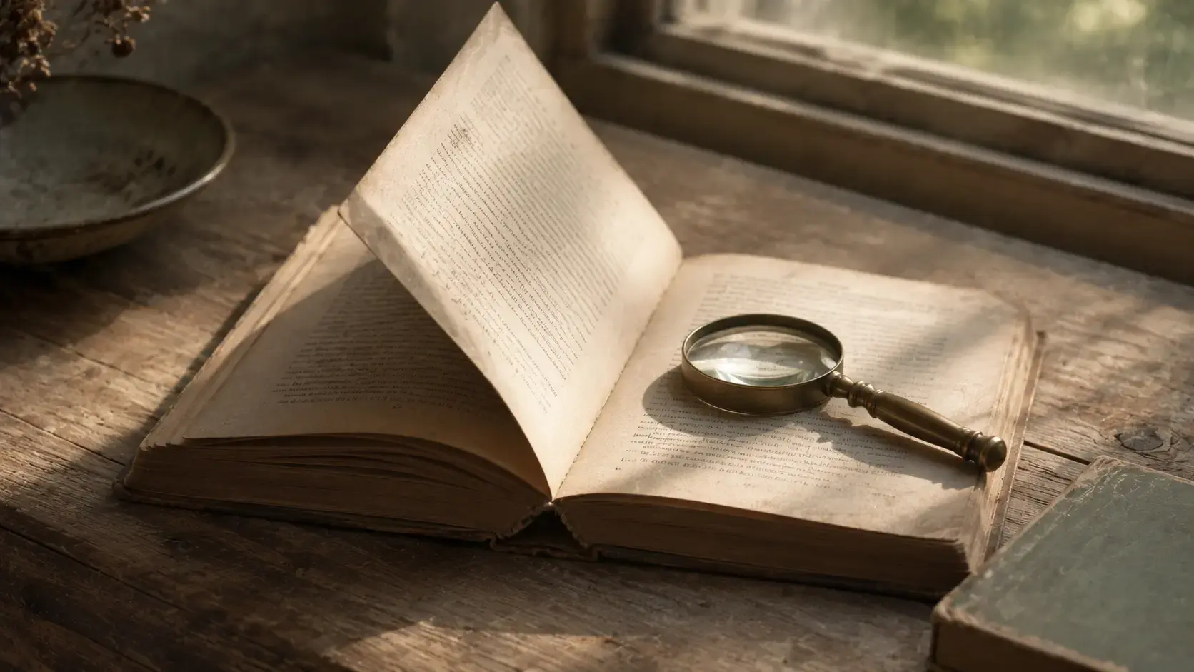 An open paperback book with a single page lifted halfway and a small magnifying glass resting on the opposite page, suggesting careful examination of the reasoning behind what we read, evoking the inference-based therapy approach that works with how OCD clients reason themselves into doubt rather than the content of their fears.