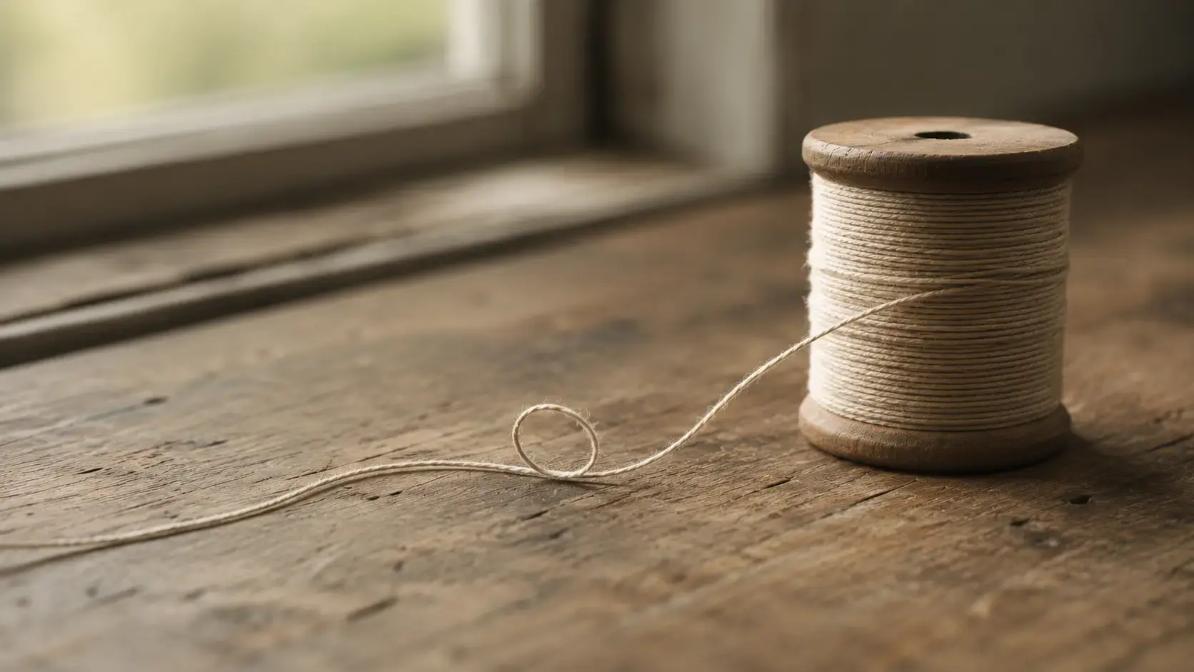 A spool of thread on a wooden surface near a window, with a single thread doubling back on itself in a small loop instead of continuing forward, evoking the way OCD can quietly turn trauma processing back on itself instead of letting the work move forward.