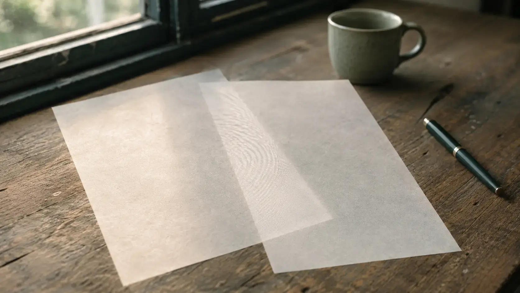 Two overlapping translucent paper layers on a clinician's desk near a window, slightly offset so the underlying surface shows through the seam, evoking the visible overlap between OCD and PTSD presentations that trauma therapists encounter in their caseloads.