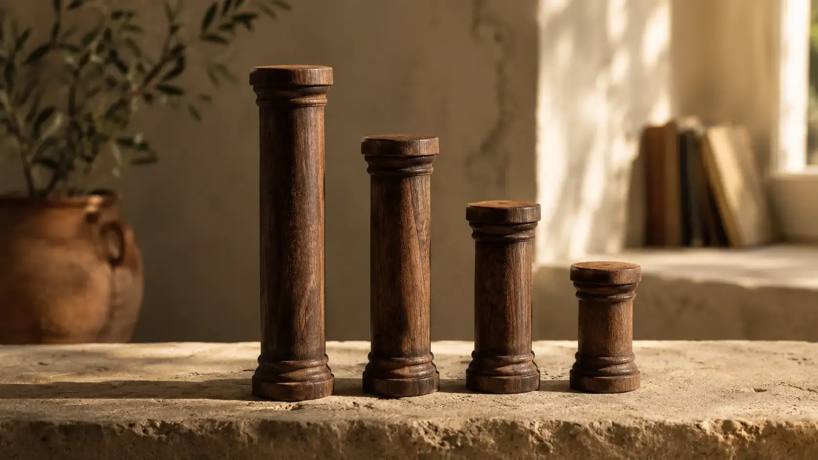 Four carved wooden pillars of varying heights standing close together on a weathered stone surface in late-afternoon light, casting long shadows, evoking the four structural elements every sustainable therapy practice requires.
