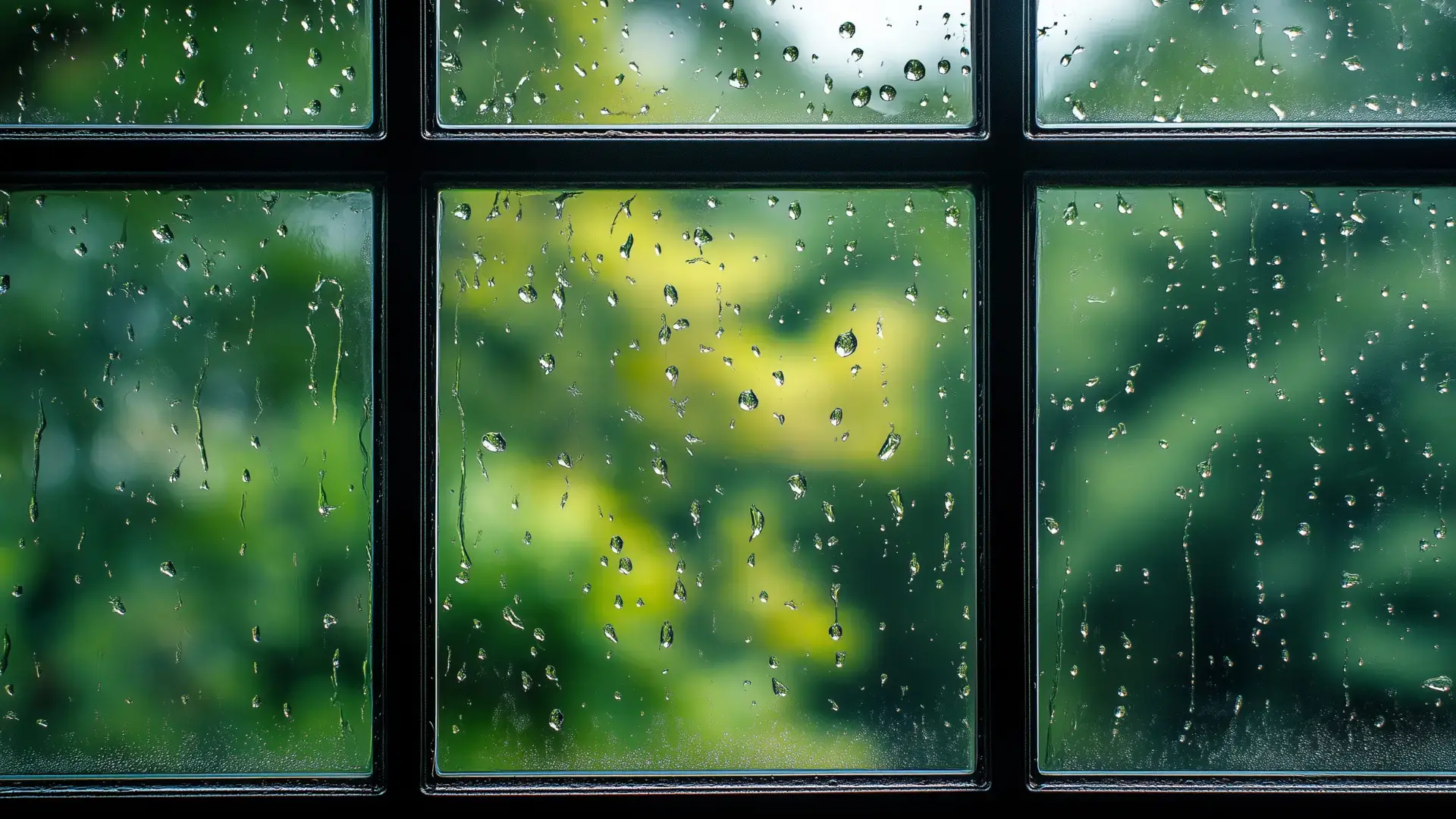 Raindrops on a window pane with soft, blurred green foliage visible outside Trauma Therapist Institute