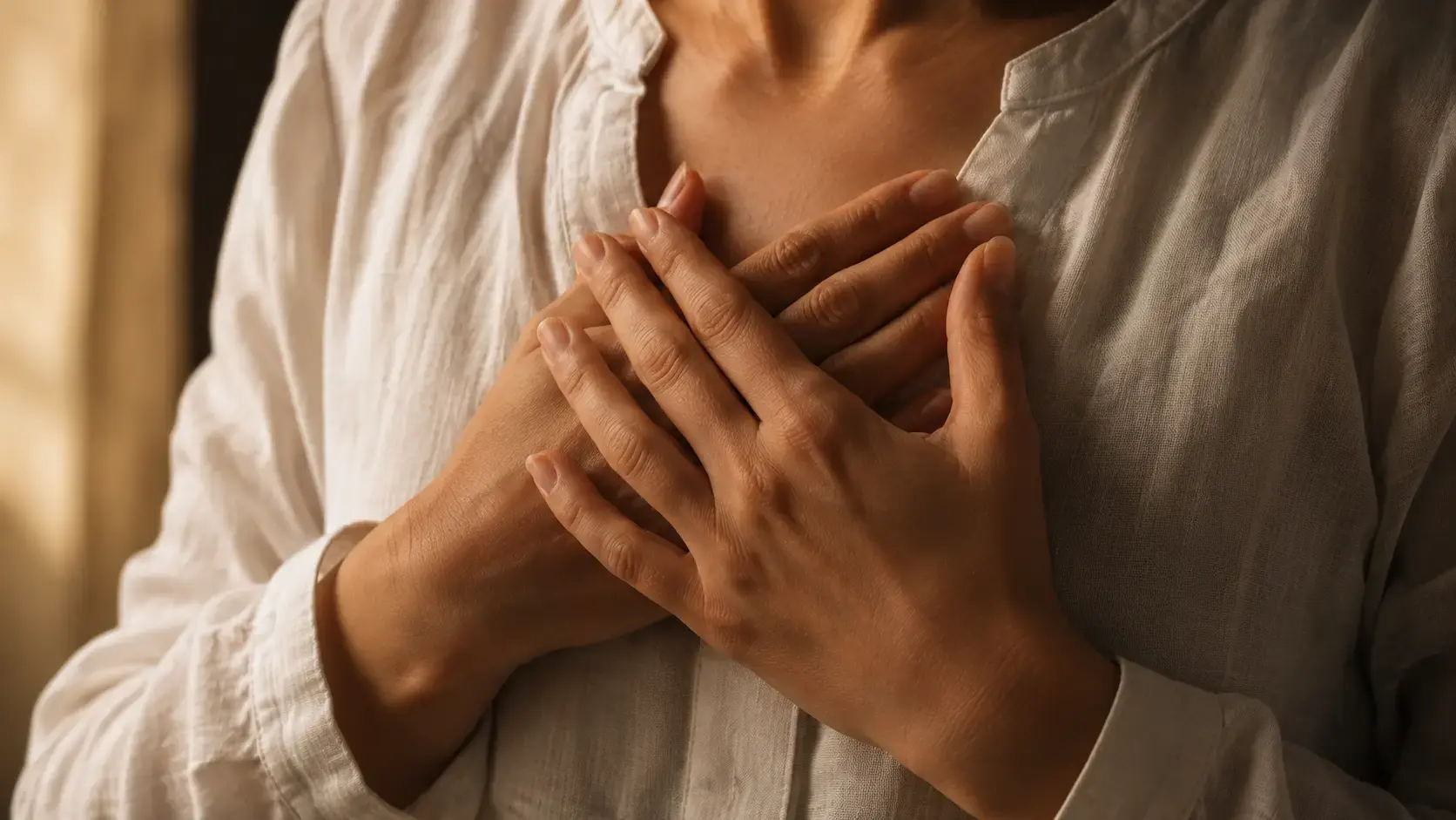 Person's hands resting gently on their chest in warm natural light, representing the felt sense and interoceptive awareness in trauma therapy