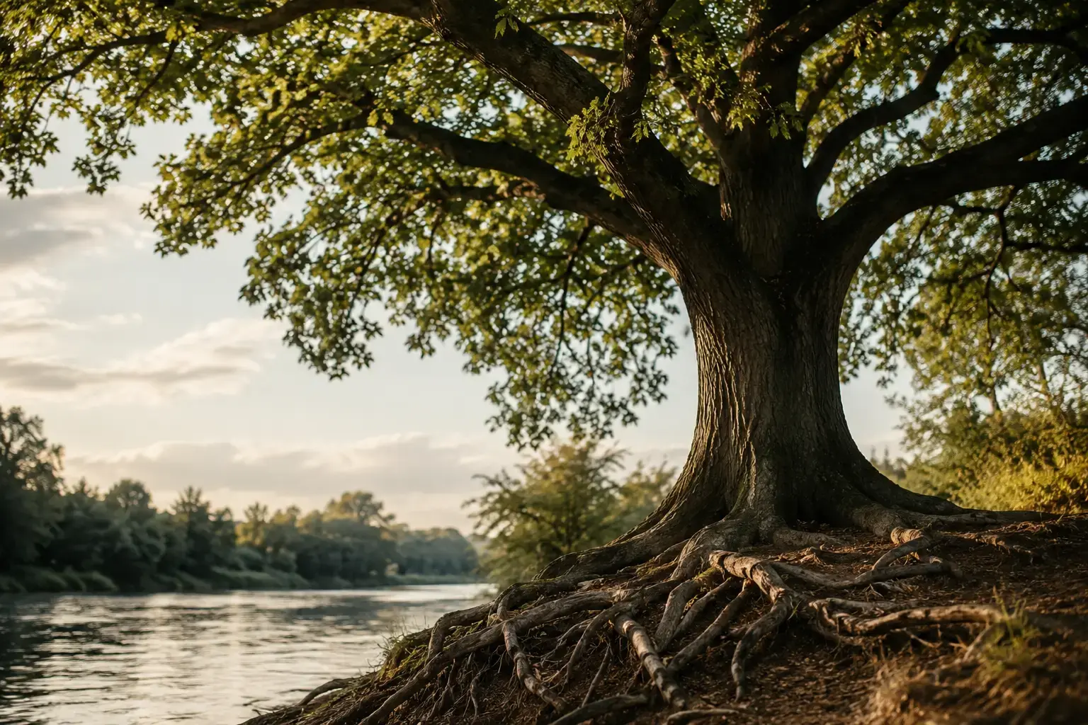 Mature tree with visible exposed roots and a full canopy in warm natural light, illustrating top-down and bottom-up processing in trauma therapy