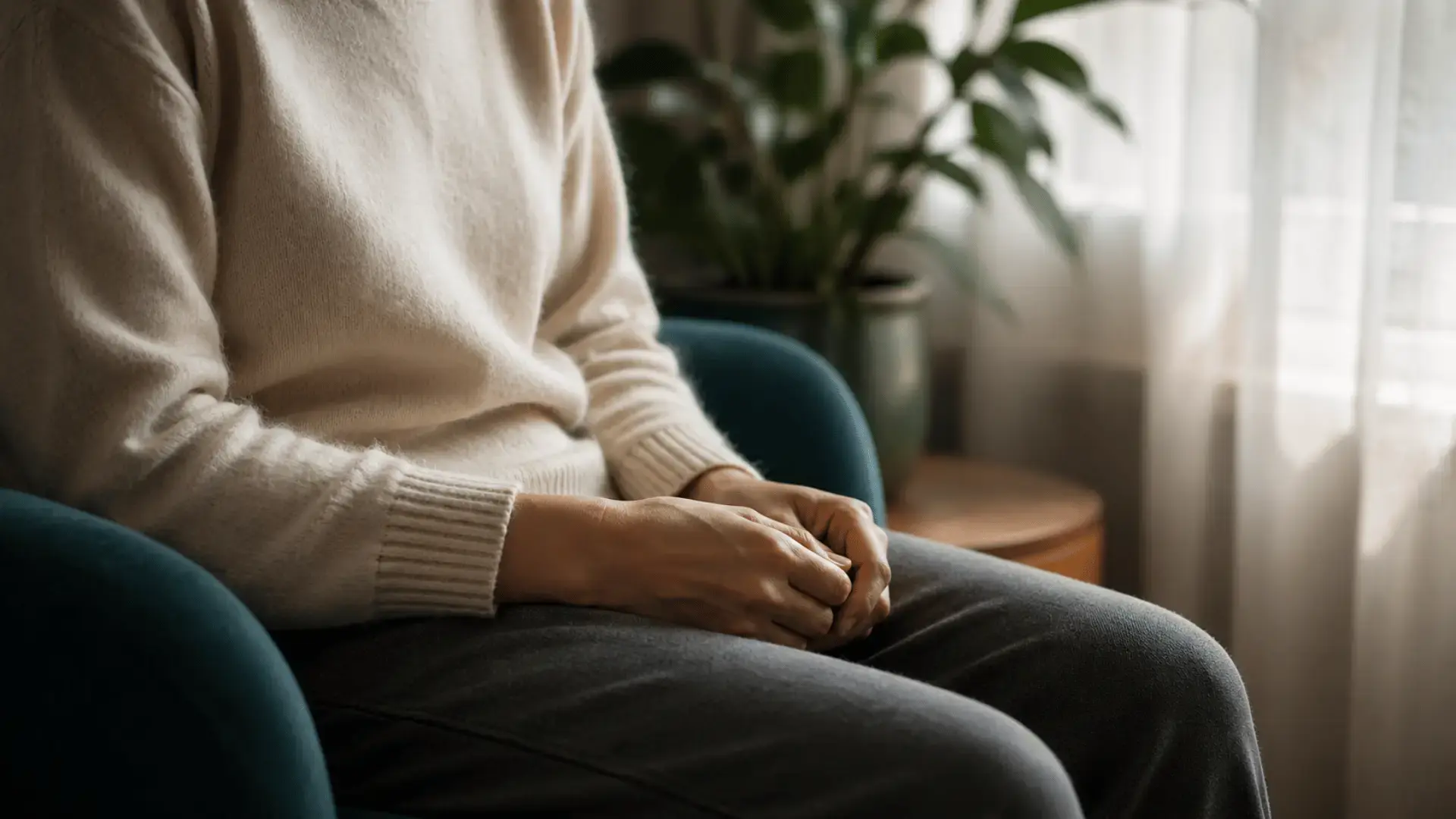 A person sits in a soft chair near a window, body slightly hunched and hands resting in the lap with fingers gently curled, illustrating the subtle, subconscious body cues that reflect the nervous system's detection of safety or threat through neuroception.