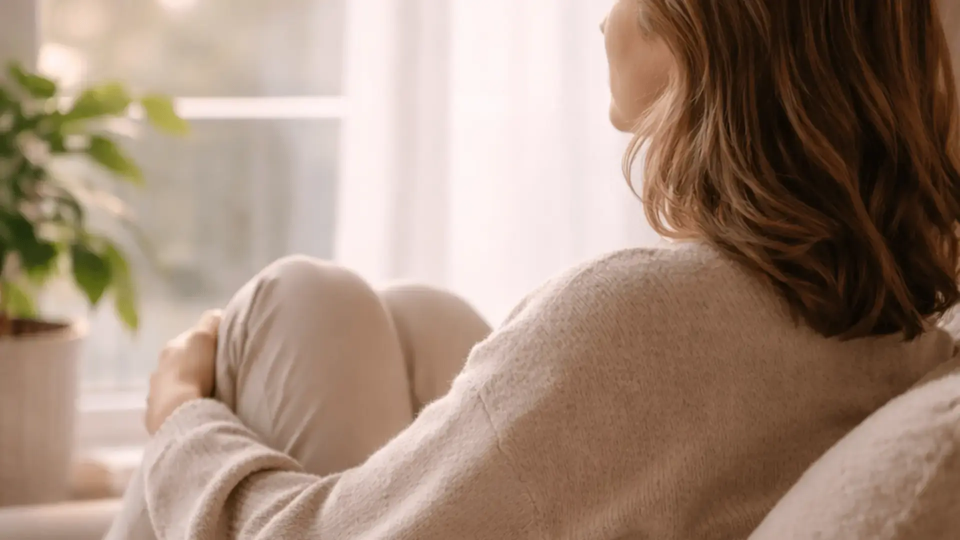 Woman in a soft sweater sitting with her knees drawn up, gazing toward a sunlit window with a green plant nearby Trauma Therapist Institute