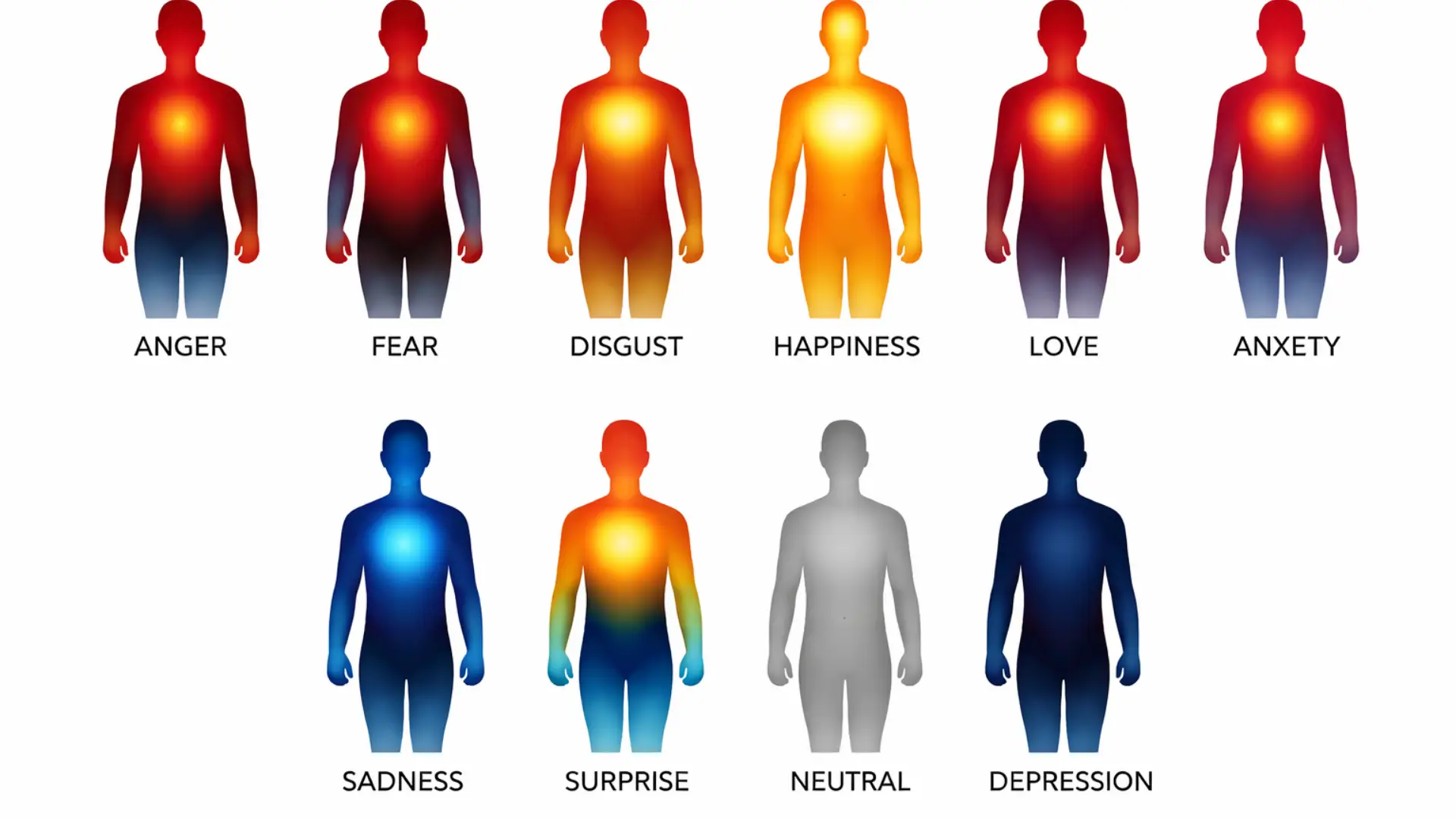 Body heat map showing where ten different emotions are felt physically, Trauma Therapist Institute