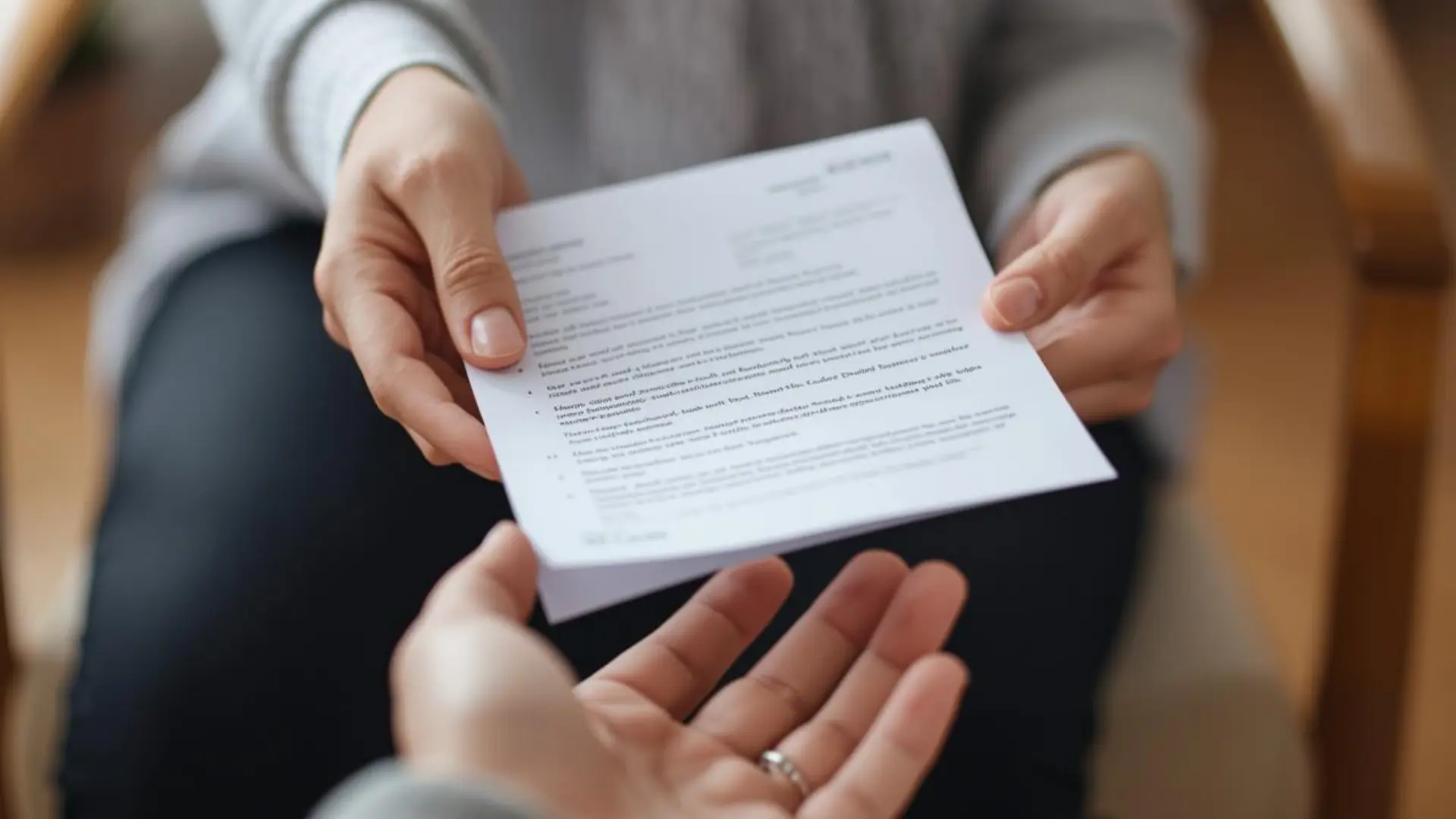 Close-up of one person handing a printed information sheet to another person in a warm indoor setting Trauma Therapist Institute
