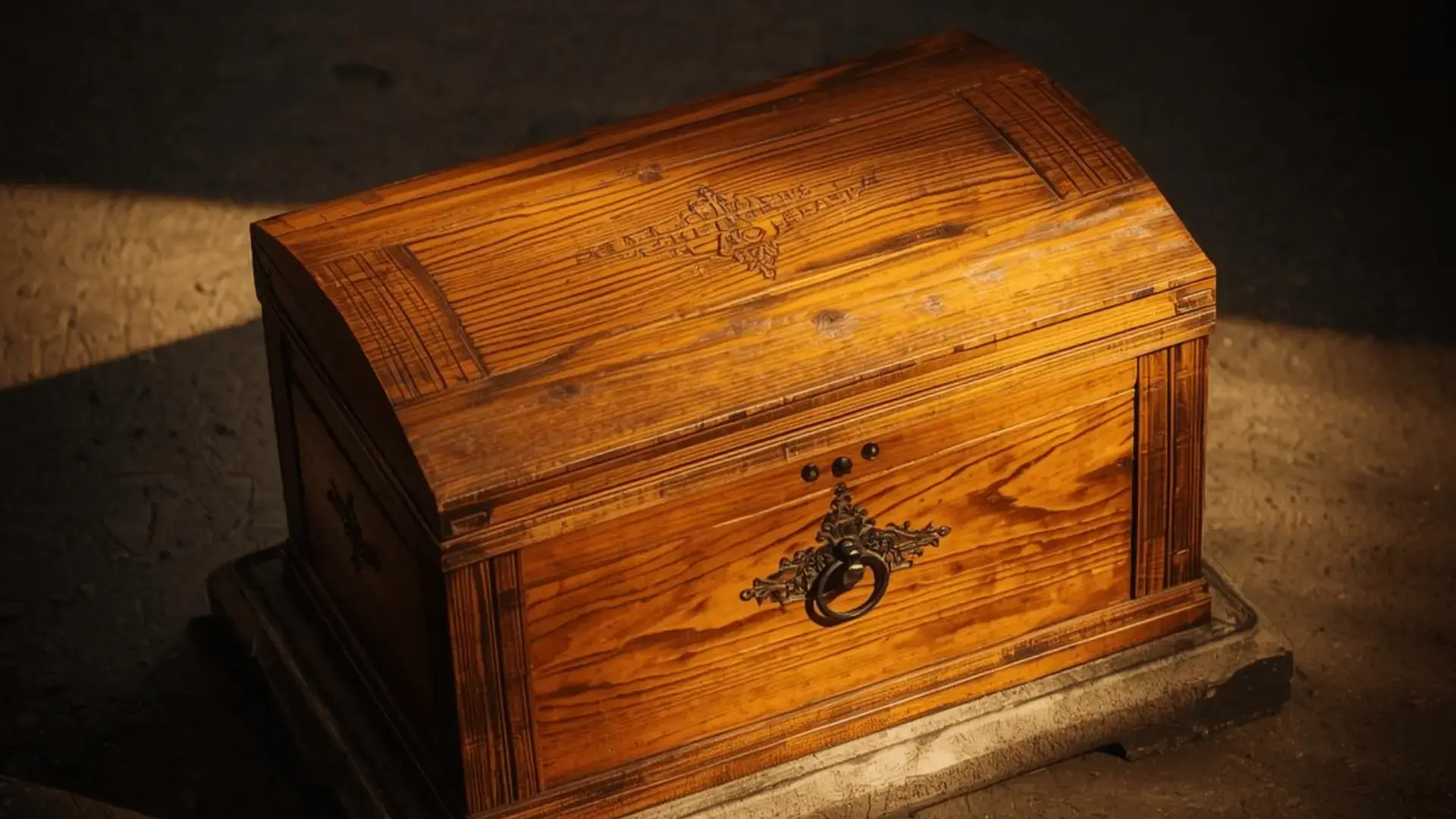 Closed wooden chest with ornate iron latch and carved details, lit by warm directional light against a dark background Trauma Therapist Institute