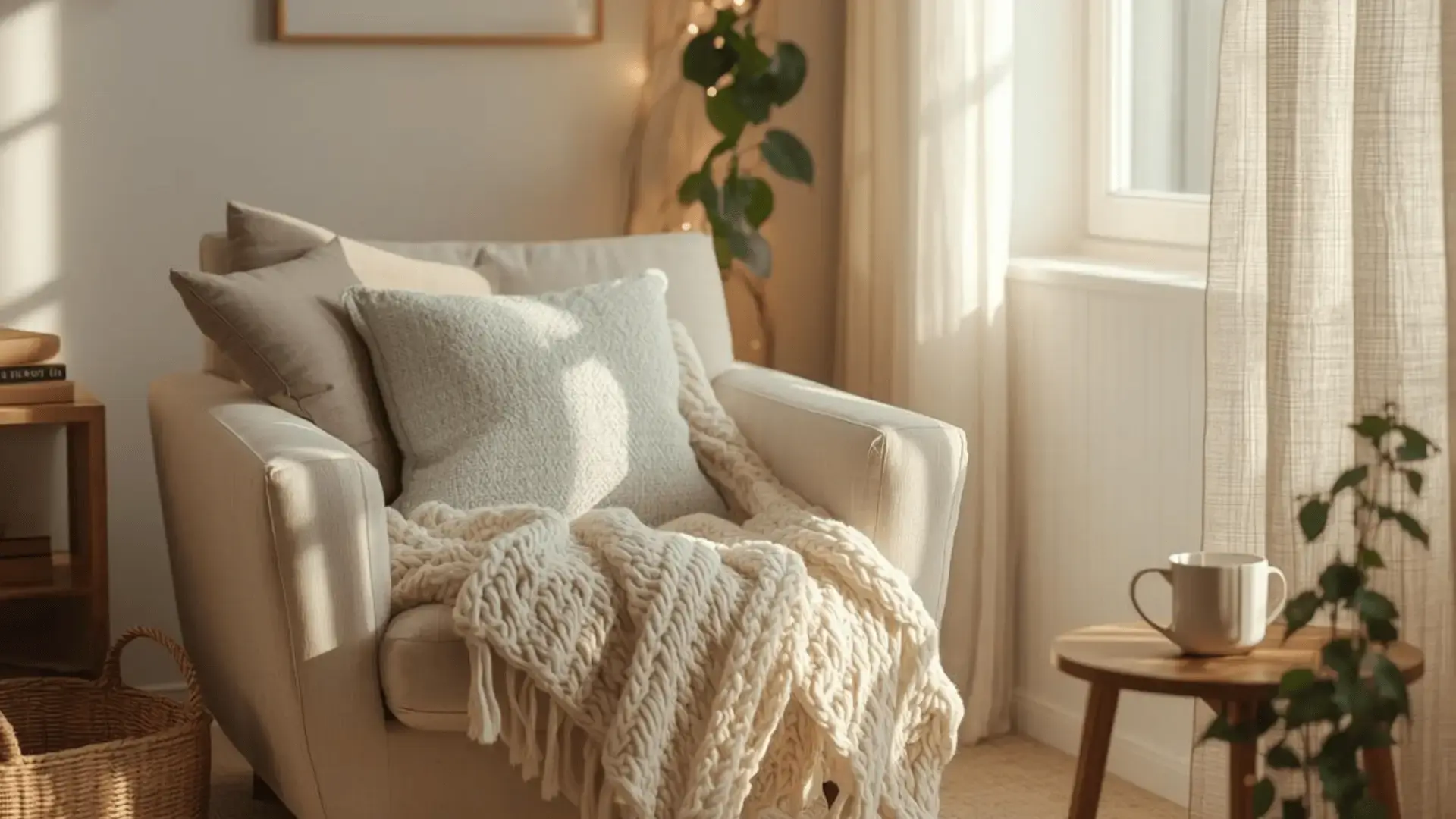 Cozy sensory-friendly corner with soft blanket, warm light, and plants Blog Trauma Therapist Institute
