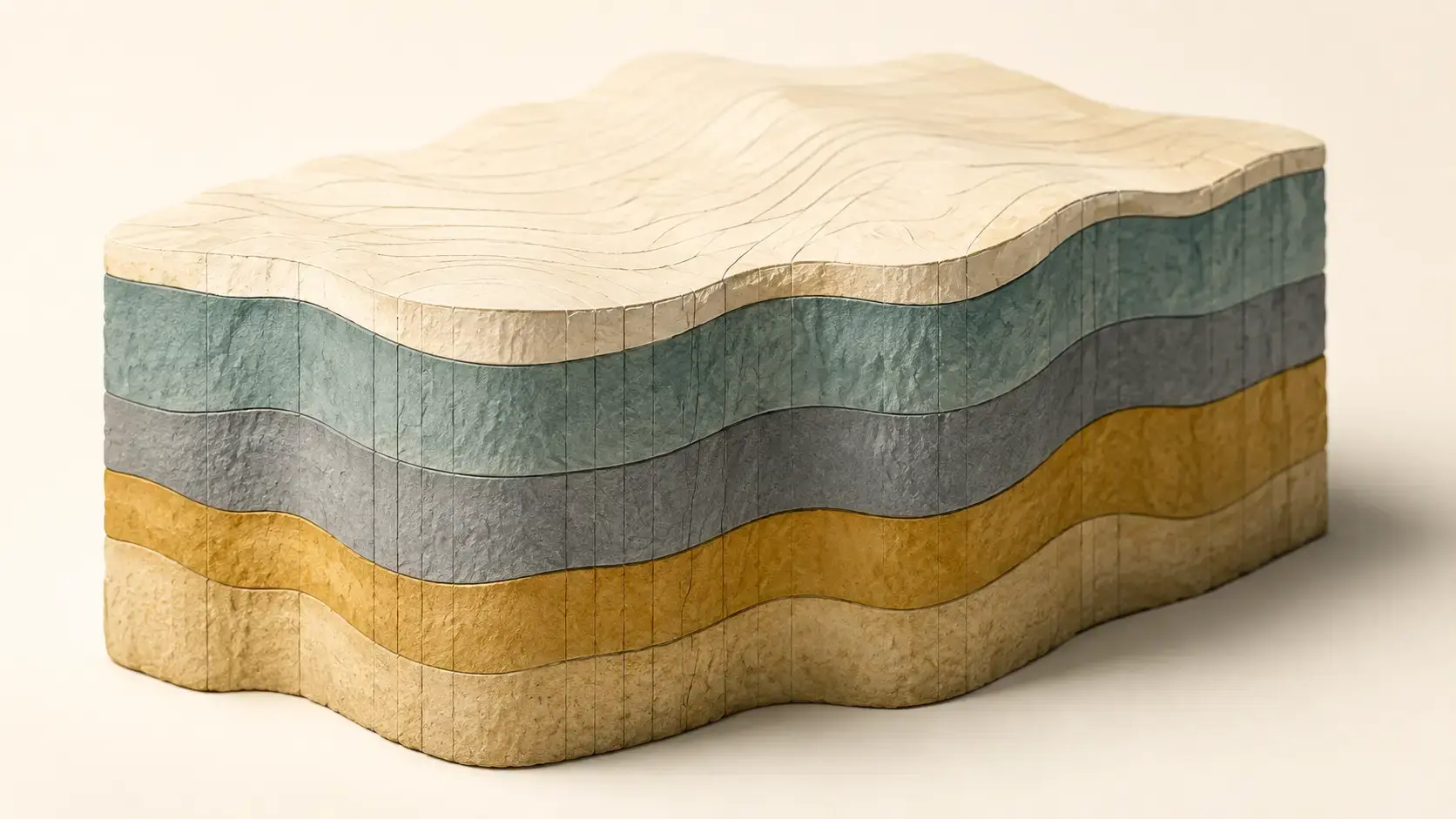Editorial illustration of an abstract layered cross-section in muted teal, gold, slate, and sand tones, representing the foundational layers of nervous system-informed EMDR case conceptualization.