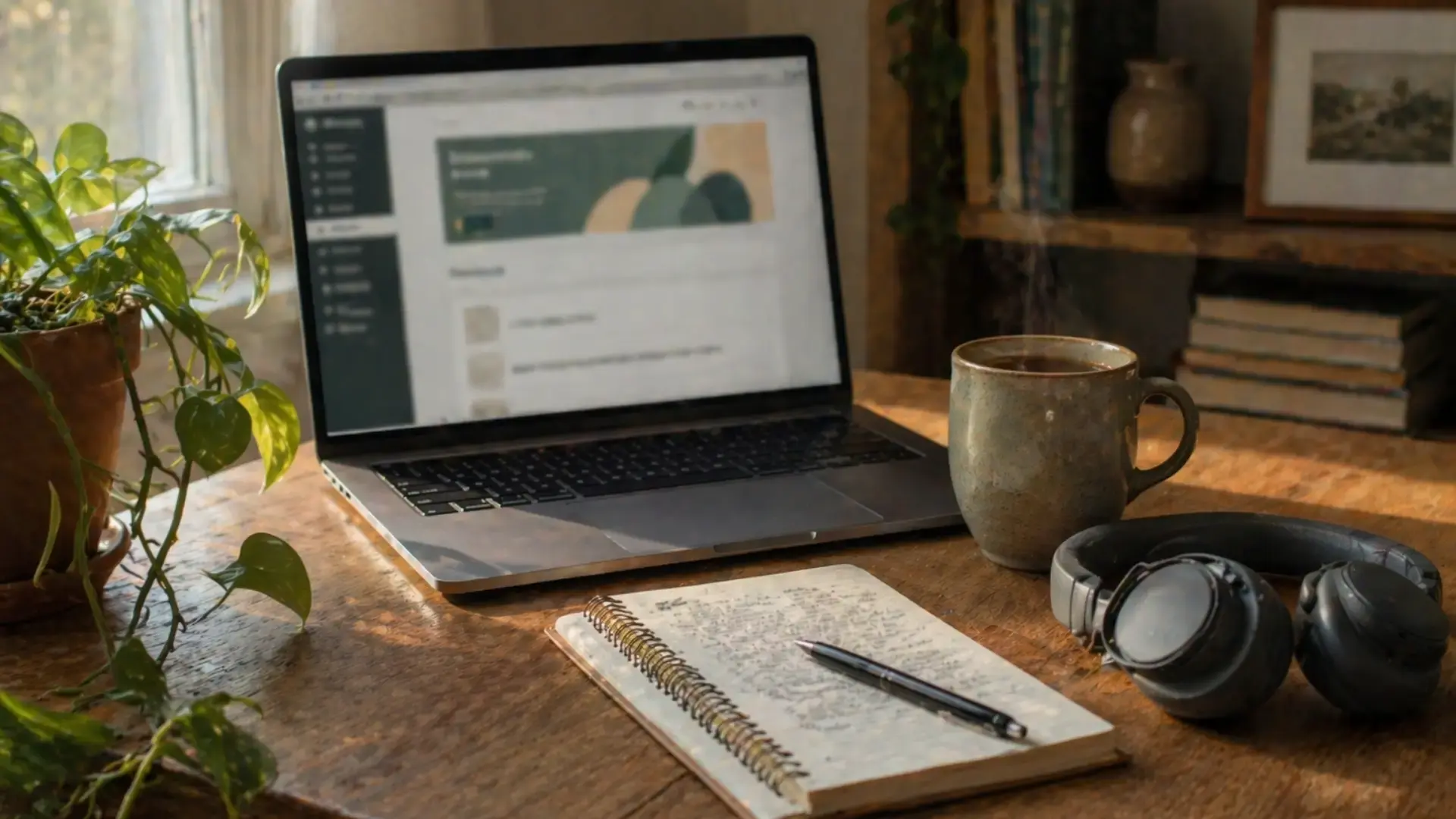 Laptop, headphones, notebook, and coffee on a warm wooden desk in soft light Blog Trauma Therapist Institute