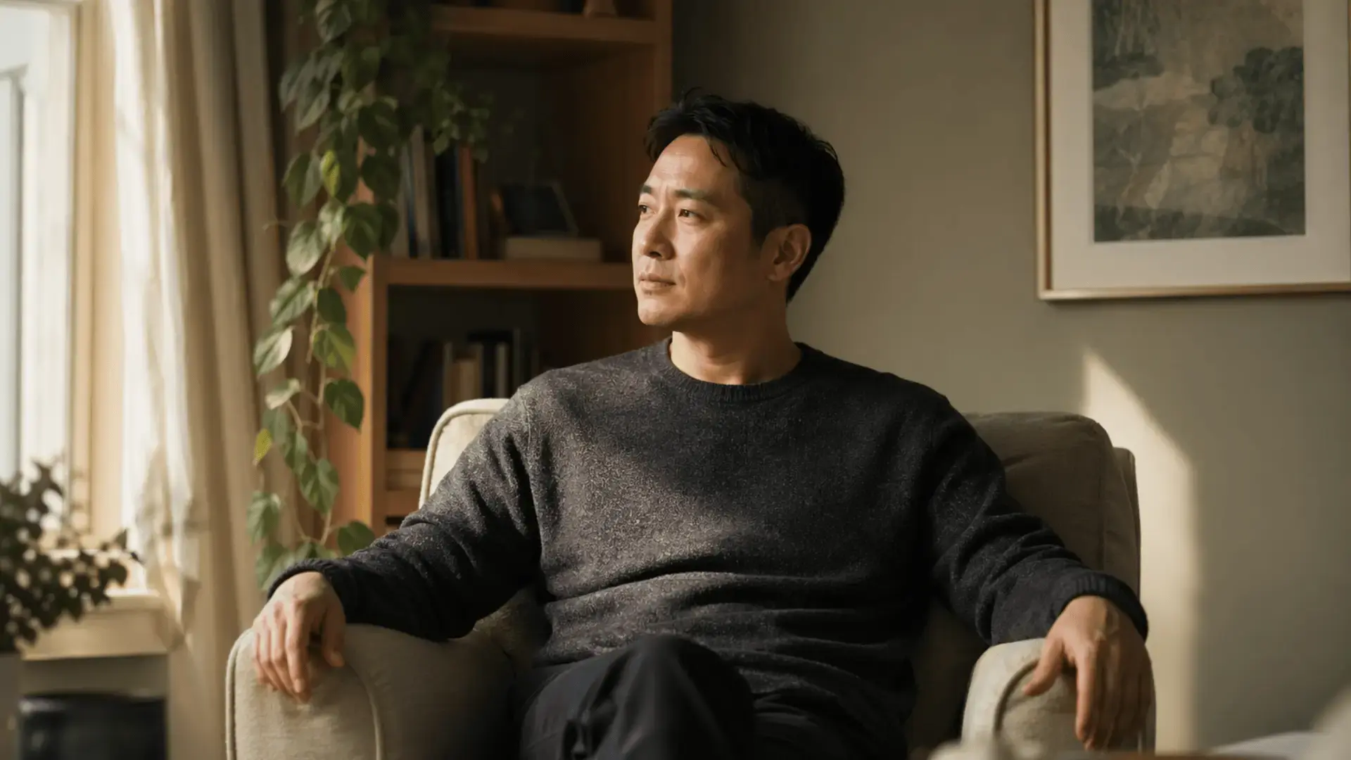  Man sitting thoughtfully in a linen chair in warm natural light Blog Trauma Therapist Institute