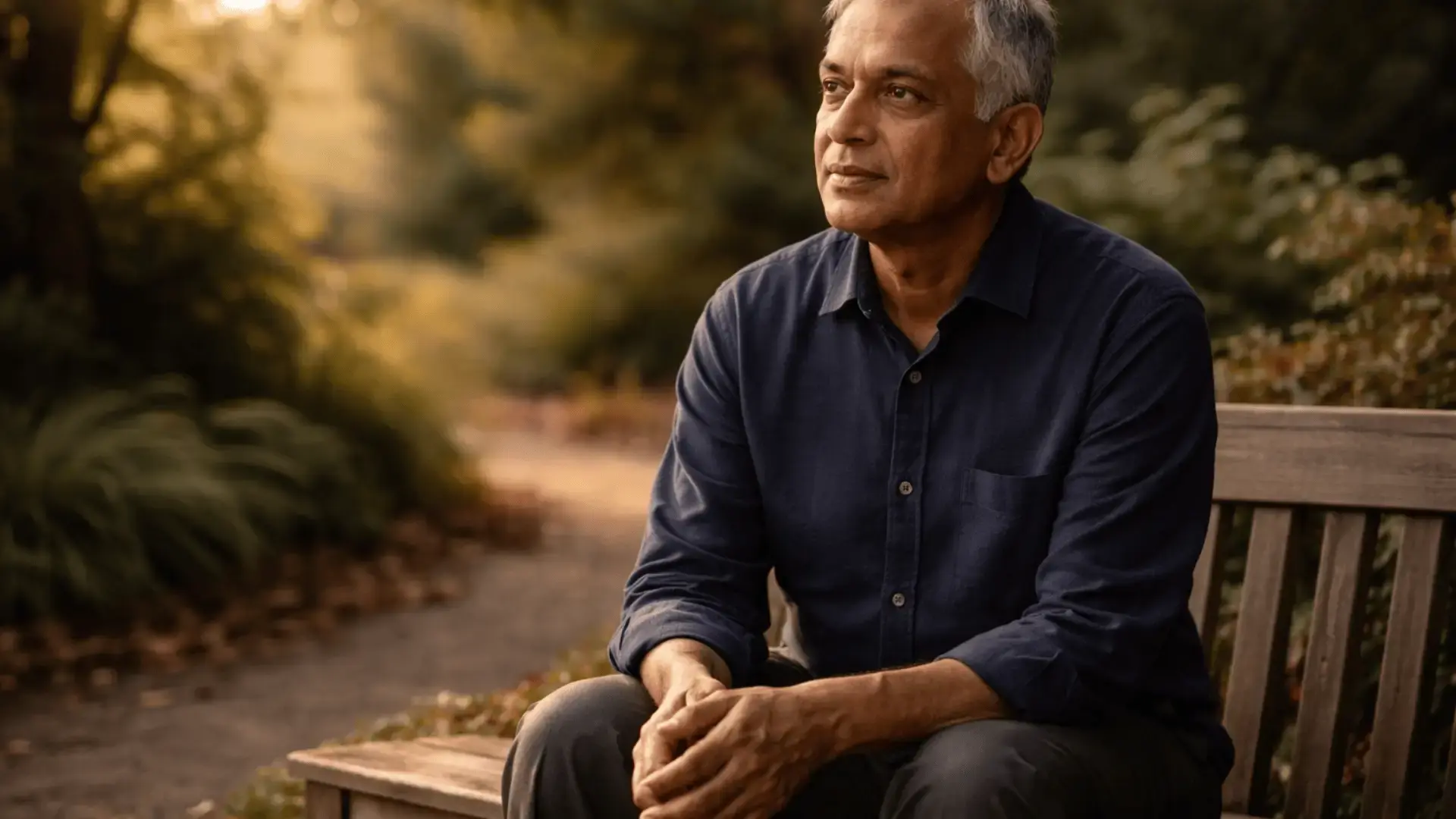 Older man sitting peacefully on a garden bench in warm afternoon light Blog Trauma Therapist Institute