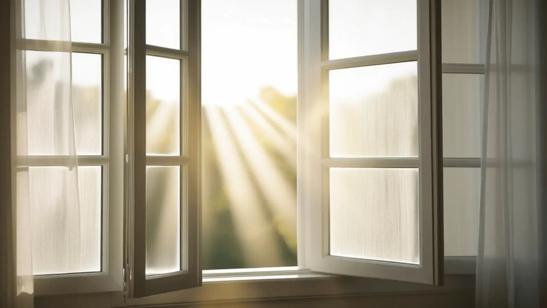 Open French windows with warm sunlight streaming through sheer curtains into a bright room Trauma Therapist Institute