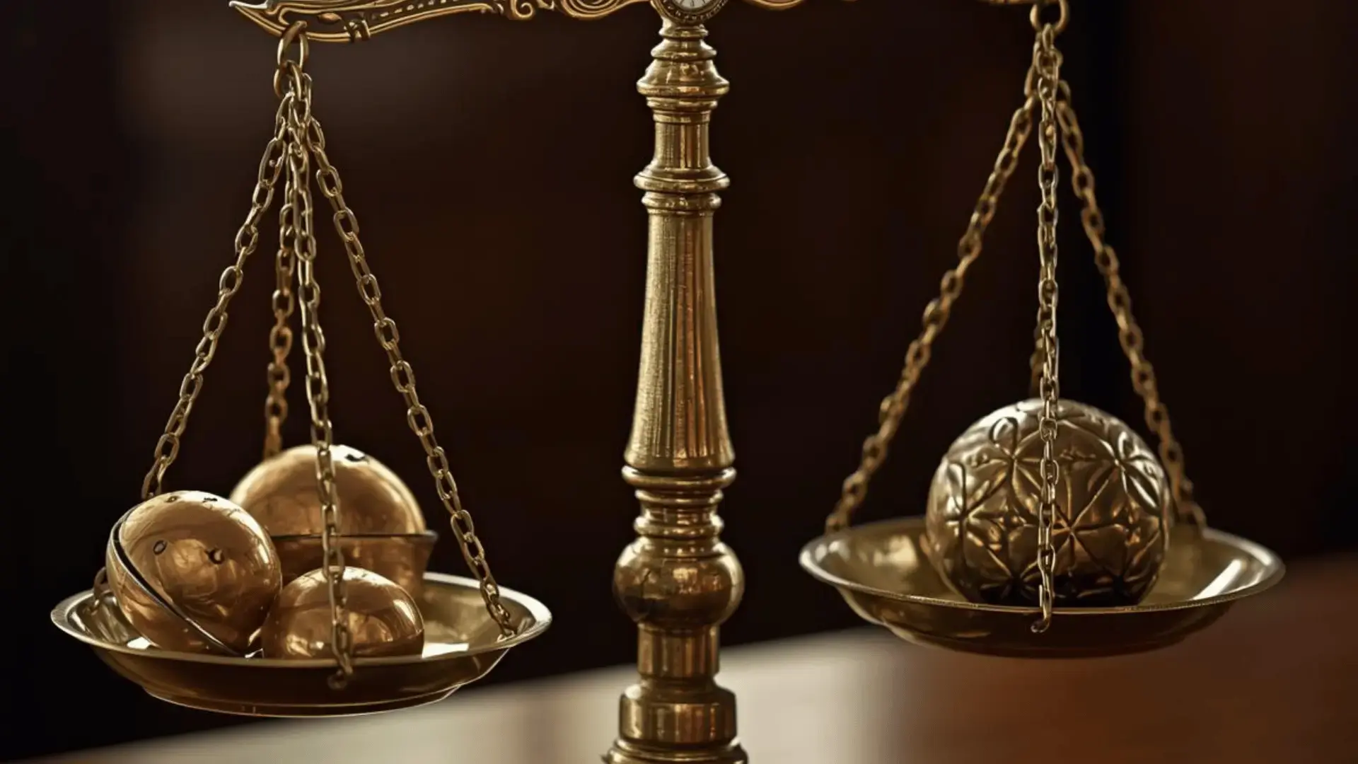 Ornate brass balance scale with weighted objects on both sides against a dark background, representing the weighing of evidence Trauma Therapist Institute