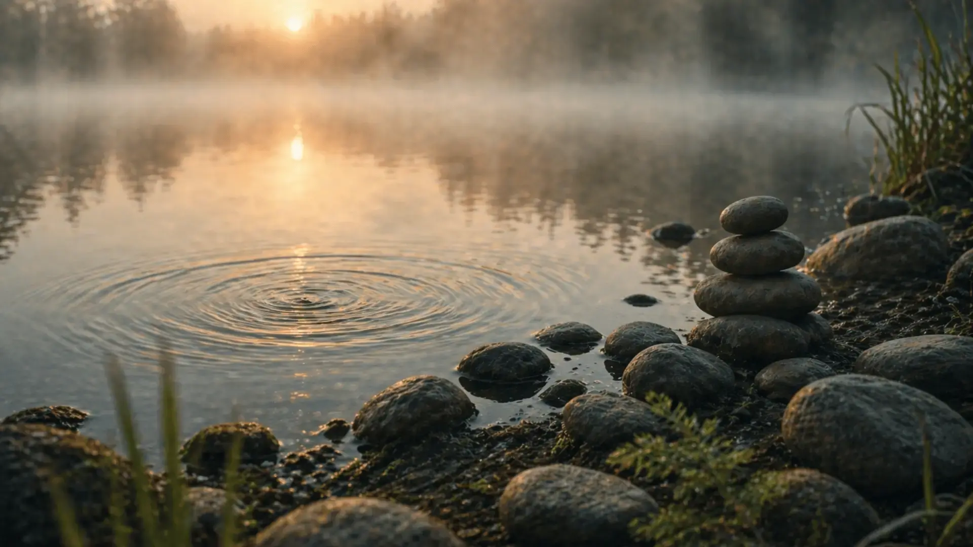 Still lake at dawn with ripples and smooth stones in soft morning mist  Blog Trauma Therapist Institute