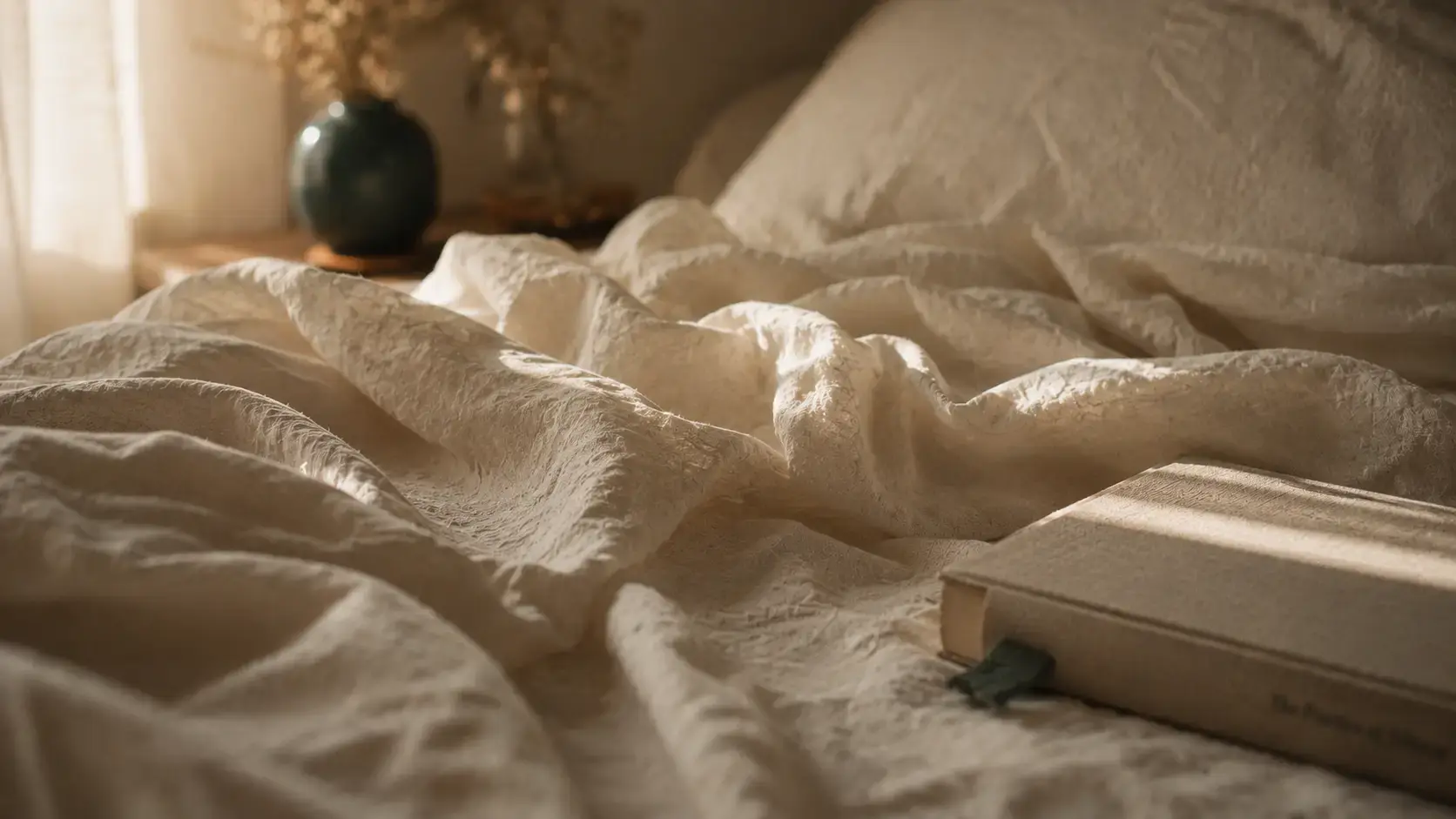 Rumpled linen bedding at rest in soft morning light with a folded book at the edge of the frame, representing the quiet space where dissociation lives