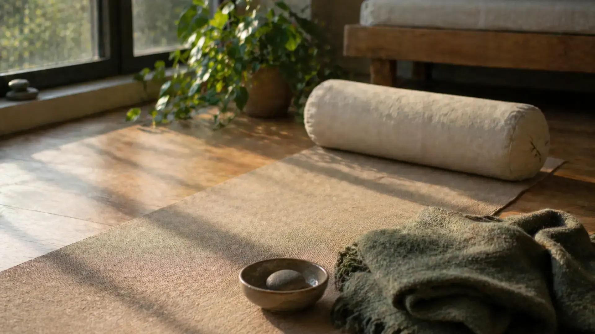 Yoga mat, bolster, and folded blanket on a wood floor in soft morning light  Blog Trauma Therapist Institute