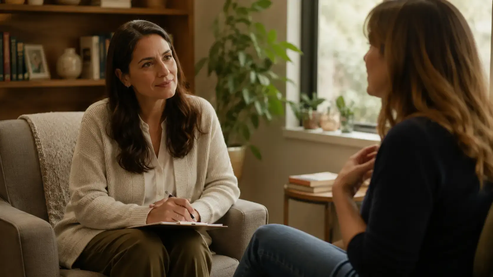 Therapist leaning forward with attentive curiosity during a trauma therapy session while client gestures, reflecting the relational attunement central to integrating IFS parts language into EMDR