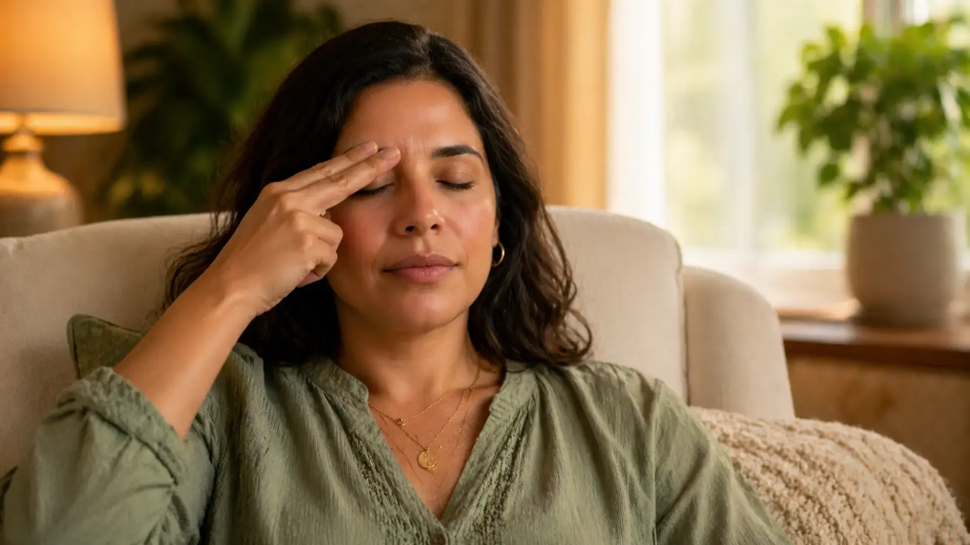 A person sits calmly in a therapy chair with eyes closed, two fingers resting gently on the eyebrow tapping point, in a warmly lit room with soft natural light, illustrating EFT tapping practice for emotional freedom techniques.